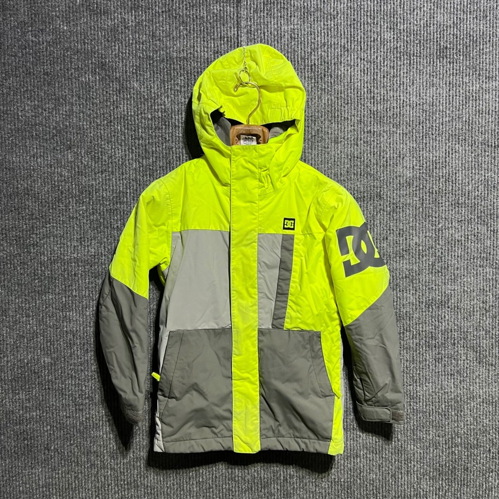 DC Shoes Snowboard Jacket Kids 8 Neon Yellow Grey 10K Waterproof Skater Hood